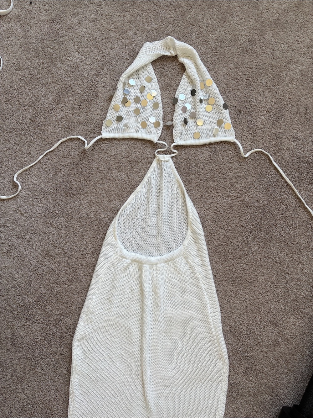 SHEIN Cream Knit Halter Swim Coverup with Metallic Sequin Accents